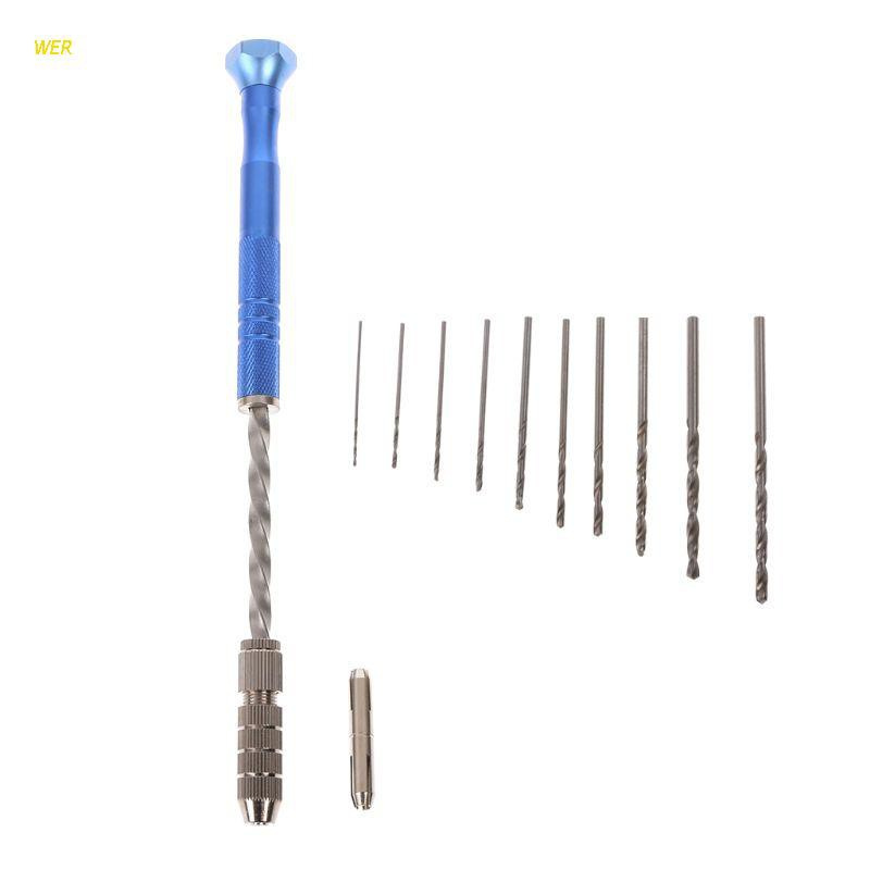 WER Semi Automatic Spiral Blue Mini Micro Hand Drill Chuck + 10 Pcs Twist Drill Bits Tool 0.8-3mm