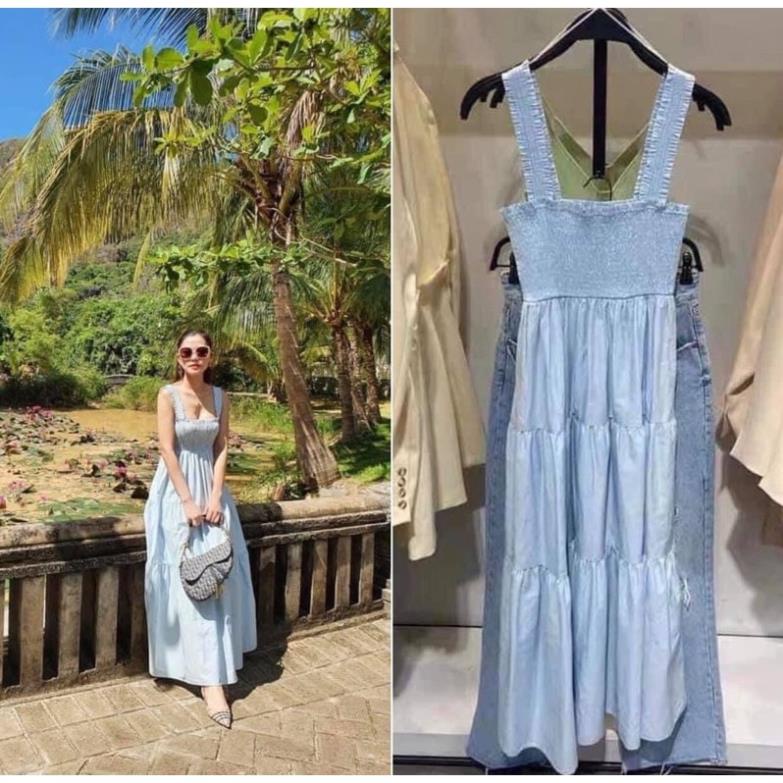 V017 Váy đầm maxi 2 dây xanh dương Zara xuất xịn du lịch đi biển