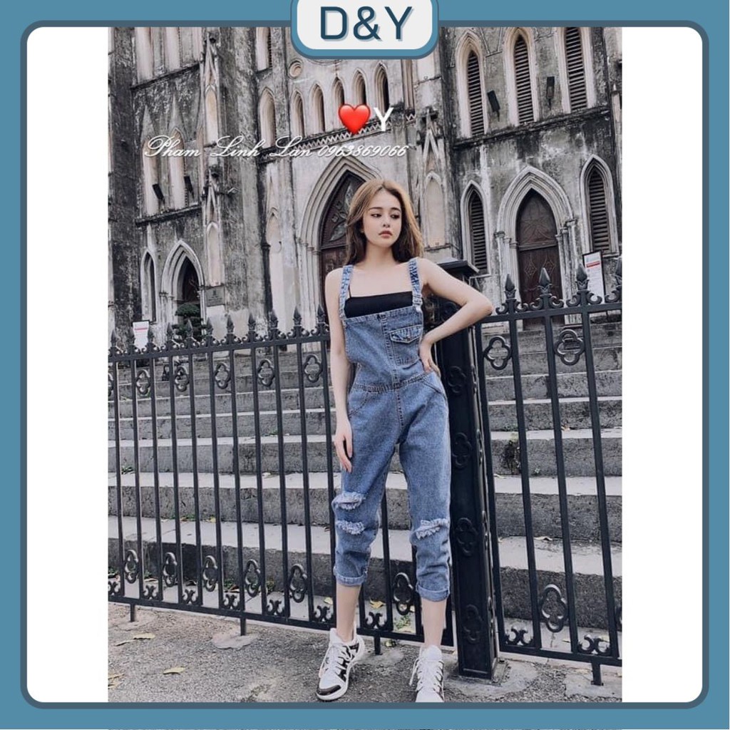 Yếm jean Nữ quần dài wash rách, phối túi nắp trước cực xinh - HOT TREND 2021
