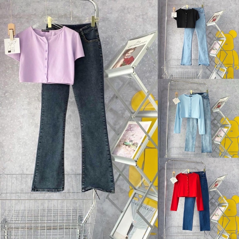 Set Quần Suông Jeans Demin Áo CropTop Body Nút Ảnh Thật