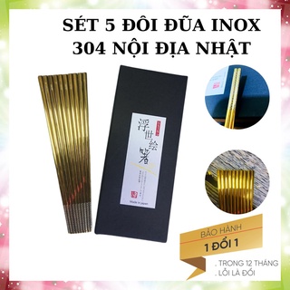 Đũa inox 304 chống trượt set 5 đôi đũa kháng khuẩn cao cấp, đũa inox 304 Nội địa Nhật