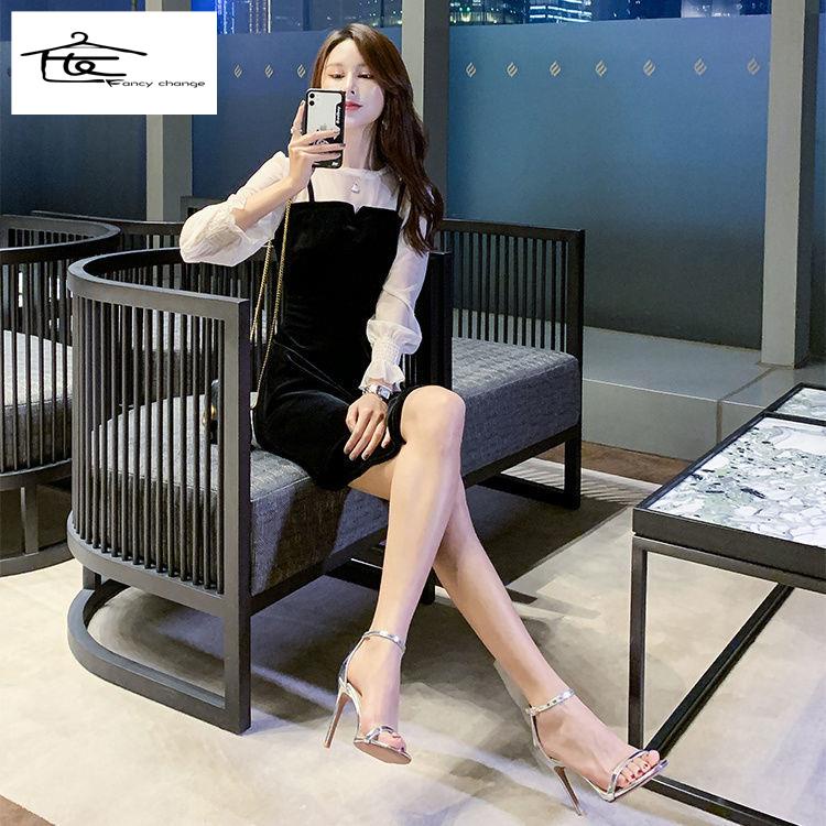 Giày Sandal Cao Gót Phối Khóa Gài Màu Vàng / Bạc Thời Trang Sang Trọng Cho Nữ