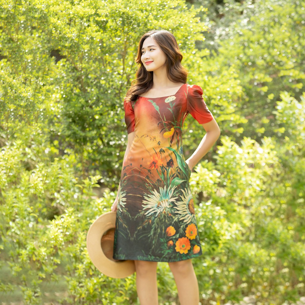 Đầm suông nữ cổ vuông họa tiết hoa 2 lớp Thời Trang Eden cổ tròn tay ngắn chất liệu lụa mềm mát có lót - D443