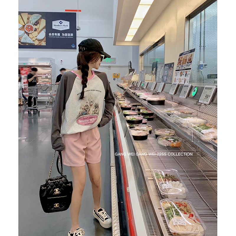 Áo Thun Dáng Rộng Phối Màu Tương Phản Thời Trang Mùa Thu Mới Cho Nữ