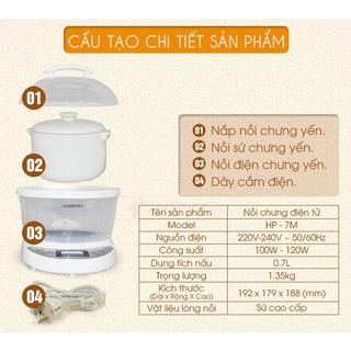 Nồi chưng yến đa năng Homepro HP-7M 700ml (Hàng chính hãng) - Linh kiện nồi chưng yến HP7M