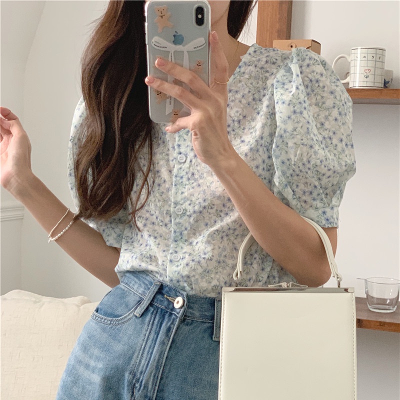 SUXI Áo Sơ Mi Tay Ngắn Cổ Tròn In Họa Tiết Hoa Phong Cách Hàn Quốc Thời Trang Cho Nữ