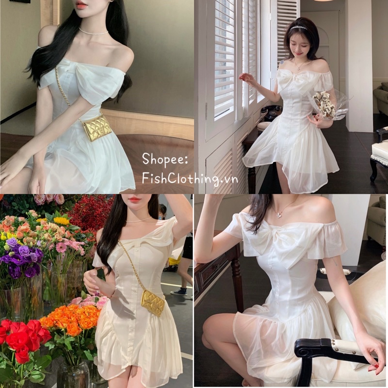 SẴN🎀Váy ulzzang ngắn voan tơ tiểu thư trễ vai nơ ngực dễ thương/ Đầm trễ vai xoè cánh tiên công chúa