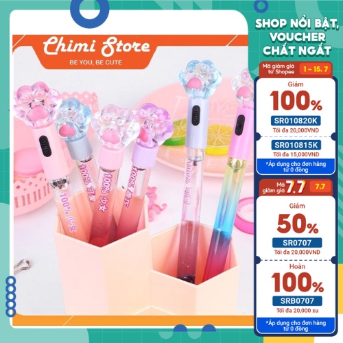 Bút bi mực nước Chimi HT013, bút nước thân nhũ kim tuyến hình dấu chân mèo hai loại có đèn và không đèn