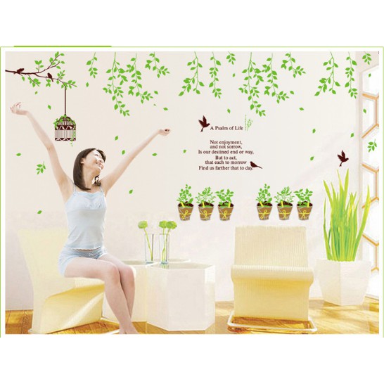 Decal trang trí mẫu Cây xanh và Lồng chim xinh