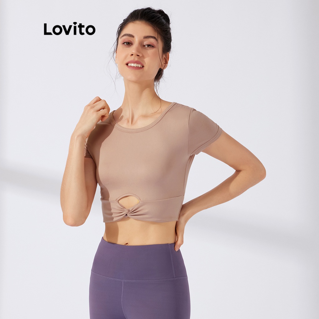 Áo thun thể thao Lovito màu trơn dạng ngắn xoắn vải cắt xẻ L23AD015 (màu hồng)