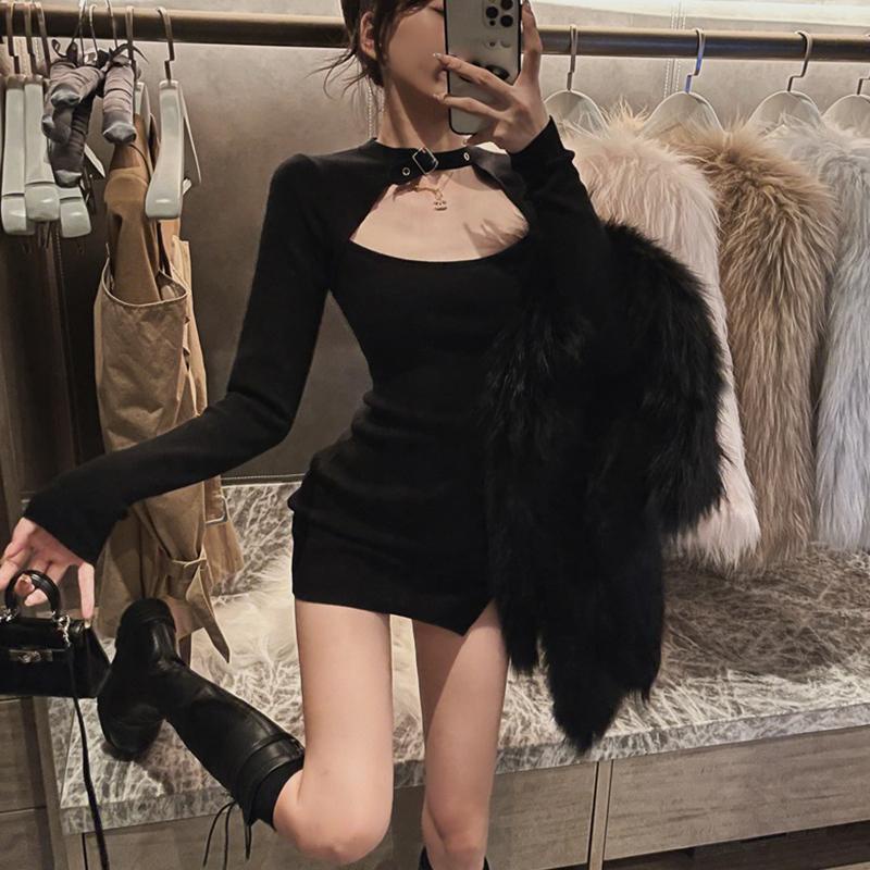 Đầm Ôm Dáng Tay Dài Khoét Lỗ Màu Đen Size XS-3XL Thời Trang Quyến Rũ Cho Nữ