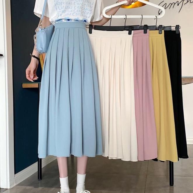 Yena Chân Váy Midi Chữ A Lưng Cao Xếp Ly Phong Cách Hàn Quốc Thời Trang Cho Nữ