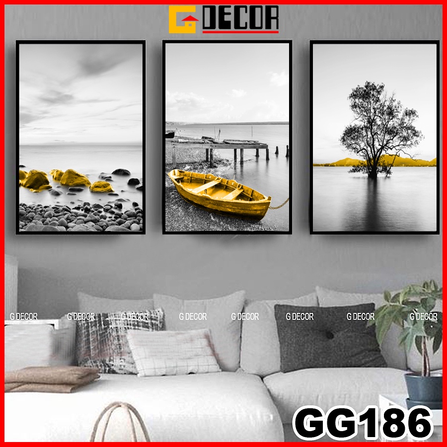 Tranh treo tường canvas khung gỗ 3 bức phong cách hiện đại Bắc Âu 186, tranh phong cảnh trang trí phòng khách, phòng ngủ