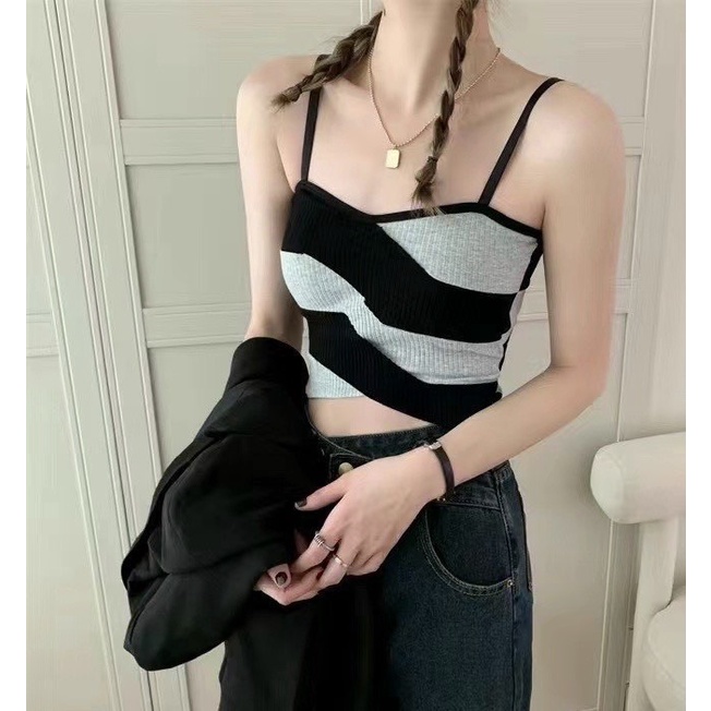 ÁO LEN 2 DÂY KẺ CHÉO CÚP NGỰC HỞ VAI LƯNG CROPTOP SEXY ÔM BODY TÔN DÁNG ULZZANG TRẮNG XÁM KEM
