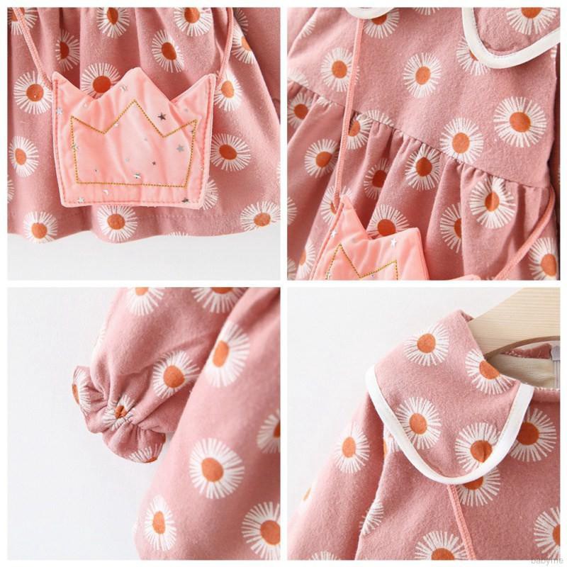 Set đầm dài tay cổ tròn + túi đeo chéo in hoa đáng yêu cho bé gái