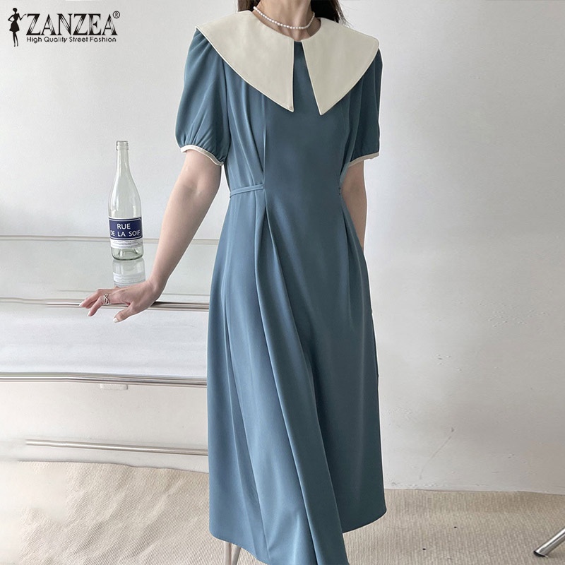 Đầm dài Zanzea tay ngắn có nút cài sau lưng màu tương phản phong cách Hàn Quốc thời trang cho nữ