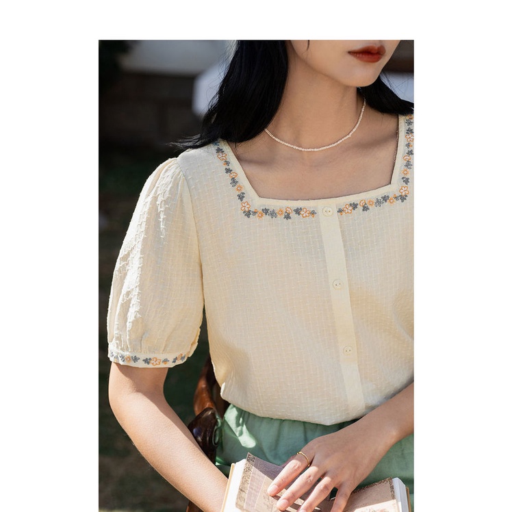 Áo Sơ Mi Cotton Ngắn Tay Cổ Vuông Thêu Họa Tiết Thời Trang Mùa Hè Cho Nữ