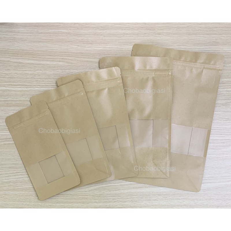 {1kg/ size} Túi zipper giấy Kraft đáy bằng 8 CẠNH cửa sổ tràn có CÁN MÀNG - CHỐNG THẤM NƯỚC (sp y hình)