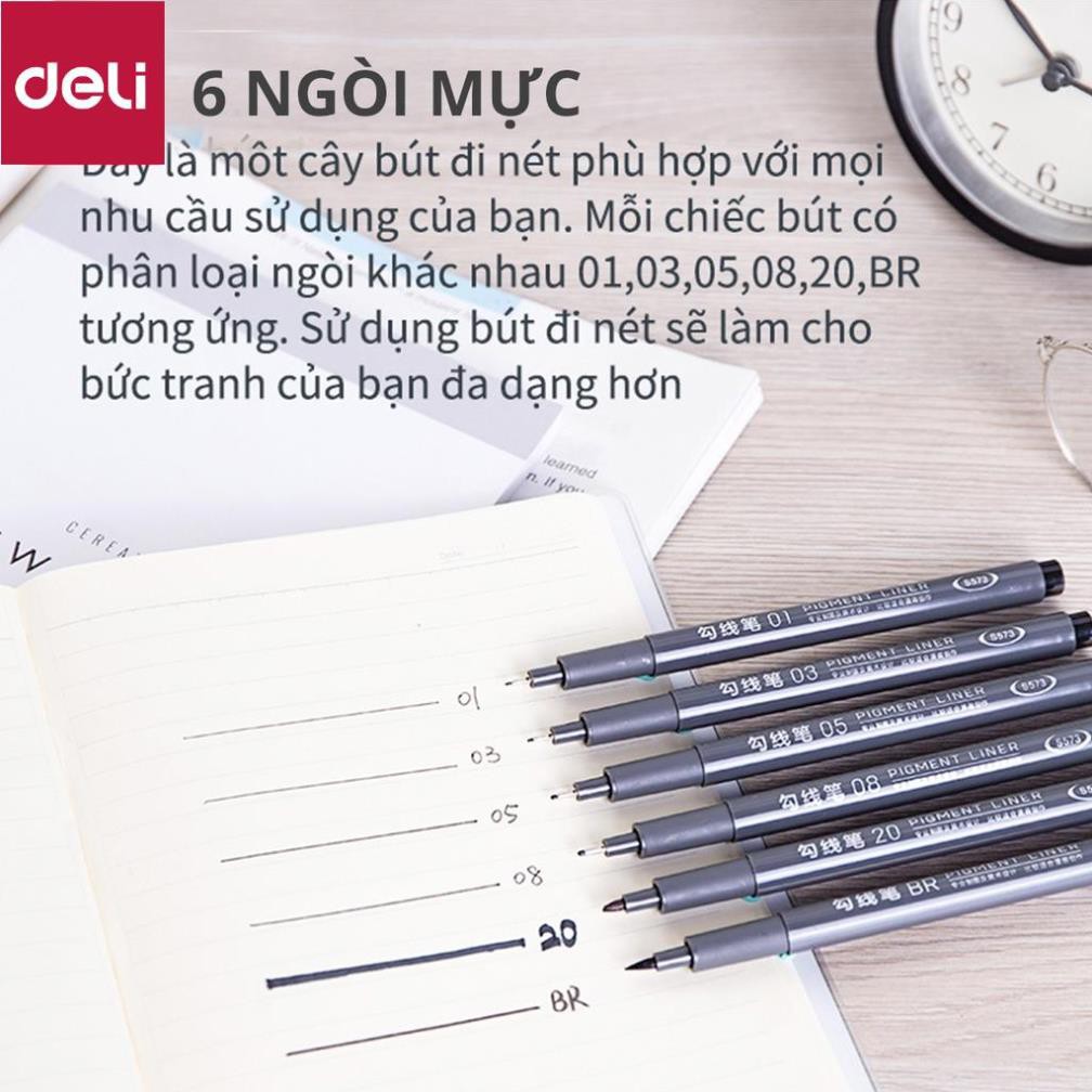 Bút kỹ thuật đi nét nhiều ngòi màu đen Deli - kháng nước - vẽ caligraphy phác thảo - bộ 6 chiếc  - S573 [Deli]