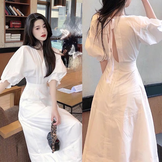 (Ảnh thật)(sẵn S) Váy maxi trắng cổ V hở lưng tay phồng dáng xoè dài midi boho du lịch tiểu thư sang trọng dự tiệc