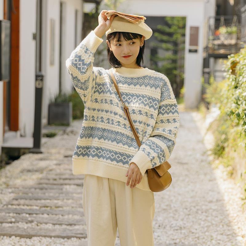 Áo len dáng rộng cổ tròn kiểu học đường phong cách Harajuku cổ điển mới dành cho nữ