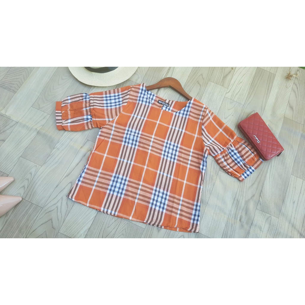 Áo Kiểu Công Sở Caro Chất linen tay phồng Freeszie < 57kg