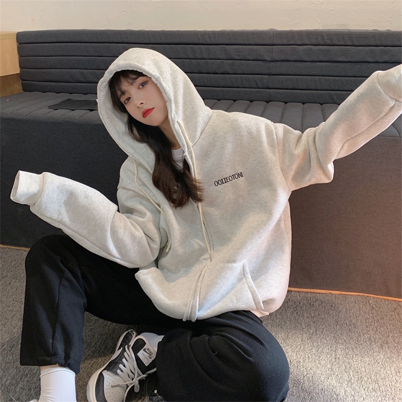 Áo hoodie dài tay dáng rộng thêu chữ phong cách Hàn Quốc