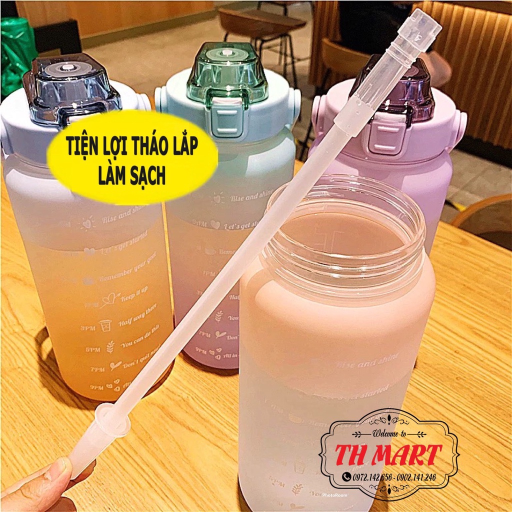 Bình nước 2 lít thông minh chia vạch báo giờ uống nước dễ thương cute thể thao có ống hút