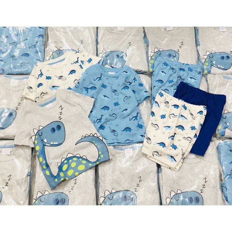 Bộ thun cộc tay hè khủng long bé trai (7-22kg), Set 3 bộ mặc nhà cotton cổ tròn họa tiết ngộ nghĩnh chất mềm mát