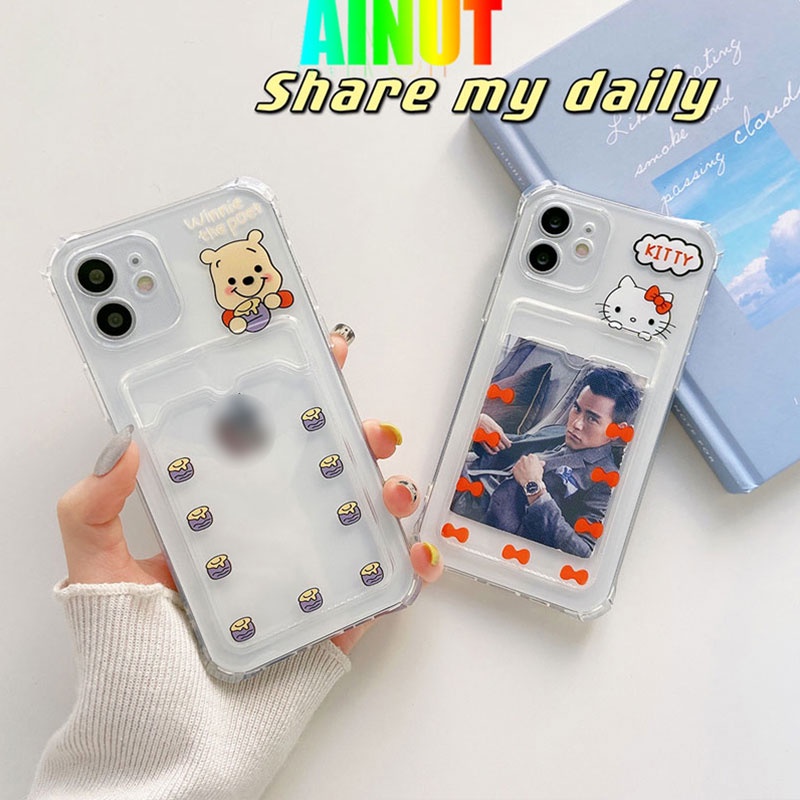 Ốp điện thoại TPU silicon mềm có ngăn đựng thẻ hình gấu Winnie cho Iphone11 12 Pro Promax 6 6s 7 8 Plus X Xs Xr