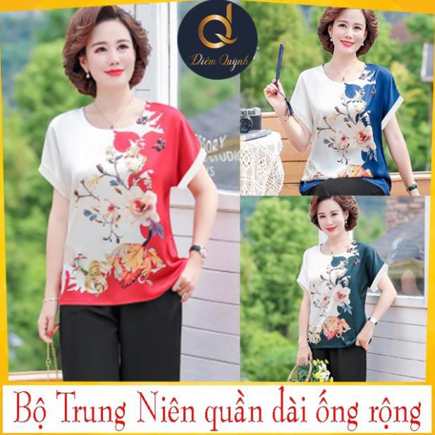 Đồ bộ trung niên cao cấp sang trọng kiểu đẹp, đồ bộ tuổi trung niên ống rộng chất liệu lụa in 3D mềm mại - Diễm Quỳnh ་