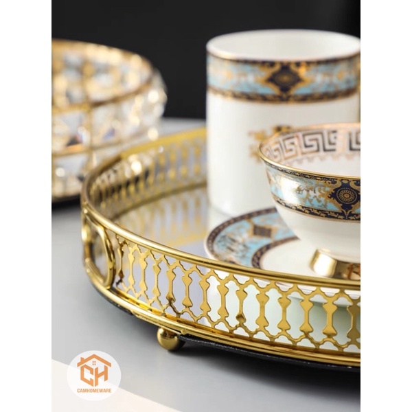 Khay Pha Lê Tráng Gương Viền Mạ Vàng Tròn Đựng Mỹ Phẩm Decor Trang Trí Cam Homeware