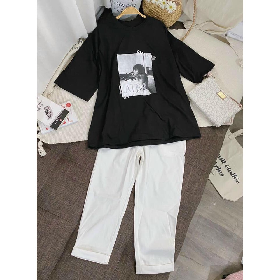 [ Mã FAMAYWA2 giảm 10K đơn 50K] 💃 Bộ Quần Kaki Trắng Kèm Áo Phông Đen In Hình Cô Gái | BigBuy360 - bigbuy360.vn