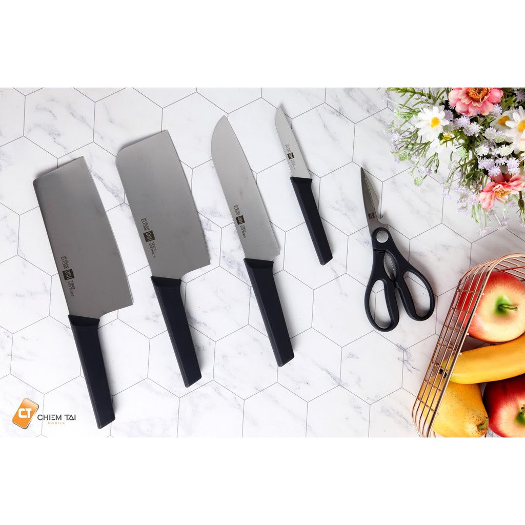 Bộ 6 món dao kéo bằng thép không gỉ kèm chân đế Huohou
