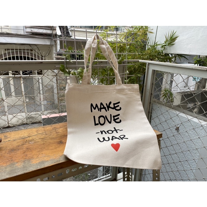 Túi tote vải bố canvas thời trang tối giản, phong cách Hàn Quốc, size nhỏ, túi tò te in hình make love not war