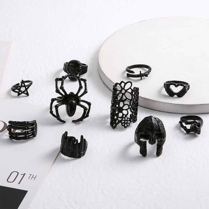 Set 10 Nhẫn Hở Hình Đầu Lâu / Ngôi Sao / Nhện Phong Cách Gothic Sang Trọng Cho Cặp Đôi