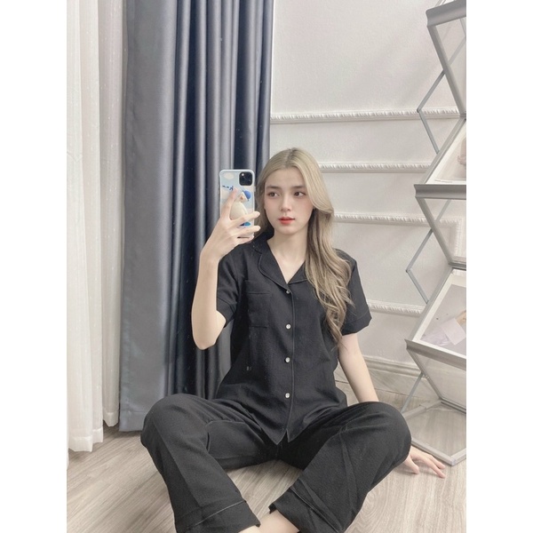 Bộ pijama chất đũi xốp mặc nhà mẫu trơn áo cộc quần dài