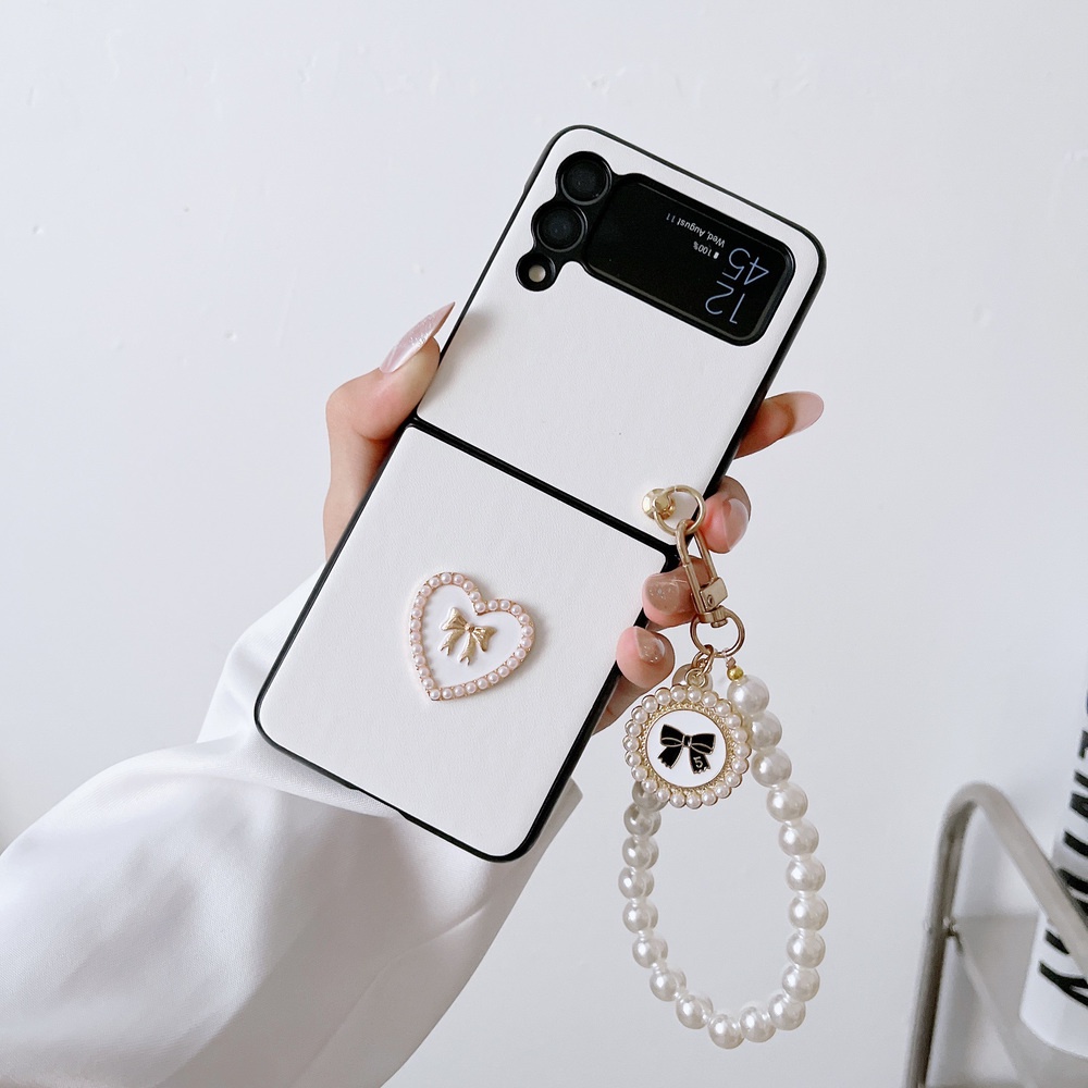 Ốp điện thoại HOCE da PU họa tiết trái tim 3D phối chuỗi ngọc trai giả cho samsung galaxy zflip5 z flip 3 z flip 4 5g