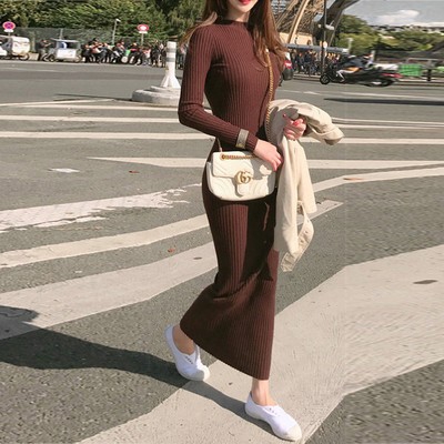 Đầm Sweater Dệt Kim Dáng Dài Ôm Eo Thời Trang Thu Đông Cho Nữ