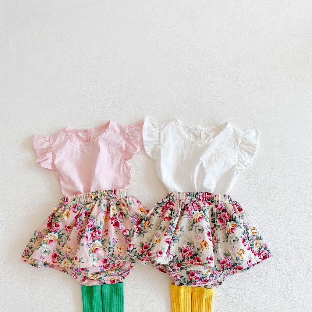 Set Quần Áo Trẻ Em Đồ Bộ Bé Gái Chân Váy Hoa Nhí Kèm Áo Đũi Hàn Dễ Thương - S29-2021 - Babi mama