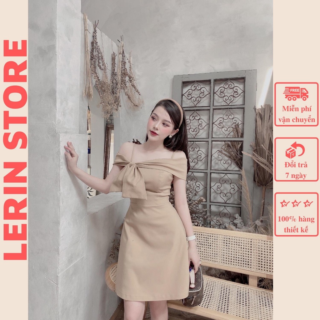 Đầm Nữ Váy KaKi Trễ Vai Hai Dây Phối Nơ Bản Lớn Thiết Kế Chân Váy Chữ A Thích Hợp Đi Chơi Đi Tiệc Hai Màu Nâu Đen_LeRin