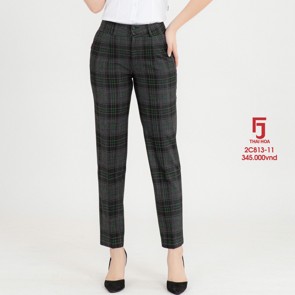 Quần tây nữ Thái Hoà 2C813-11-01, quần âu nữ công sở 9 tấc, màu đen kẻ caro xanh, chất liệu mềm ,trơn