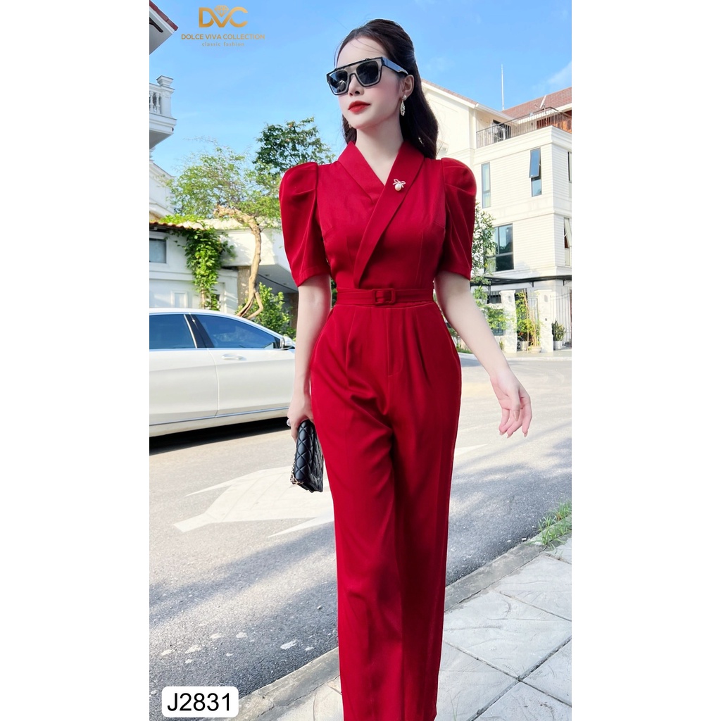 Jum công sở màu đỏ đô tay bồng kèm đai thiết kế cao cấp J2831-DVC