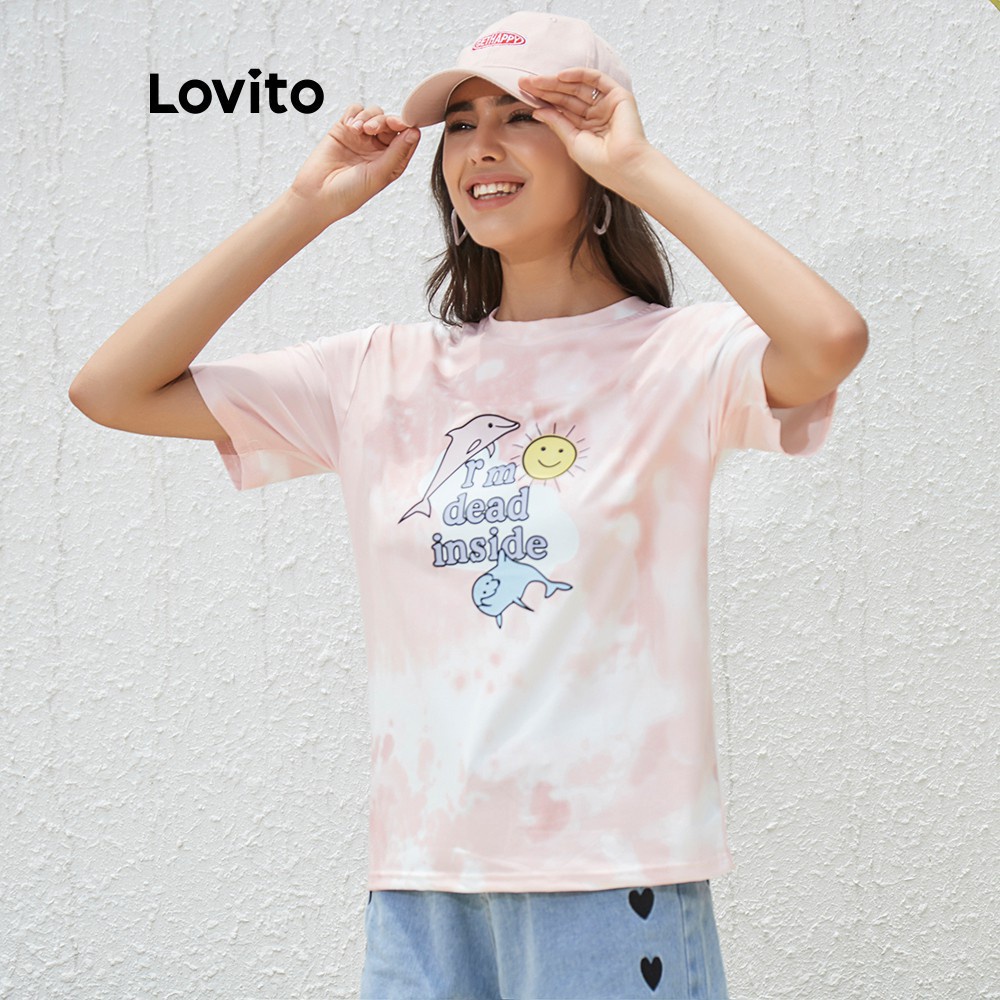 Áo thun Lovito in hoạt hình nhuộm màu oversize dáng rộng L02019 (Pink)