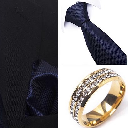 Bộ Cà vạt 4 món gồm Cavat 8cm, khăn cài túi, Măng-set, Nhẫn tròn phụ kiện, Cravat chú rể, Calavat công sở CBC-8209