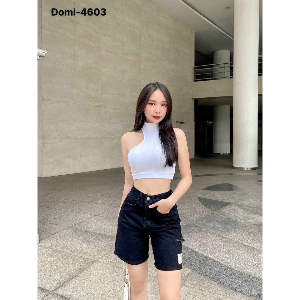 Quần jean ngố nữ rách cạnh sườn lưng cao, vải jean denim không co dãn bền đẹp