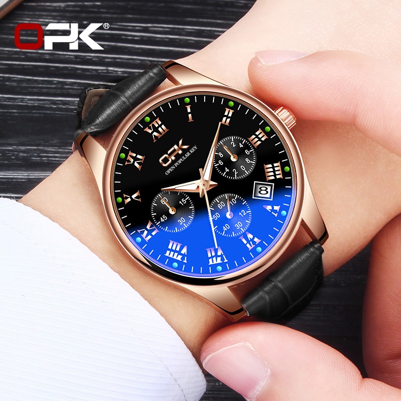 OPK 8120 Watch Men Leather Genuine Waterproof Original Luminous Calendar Blu-ray Fashion