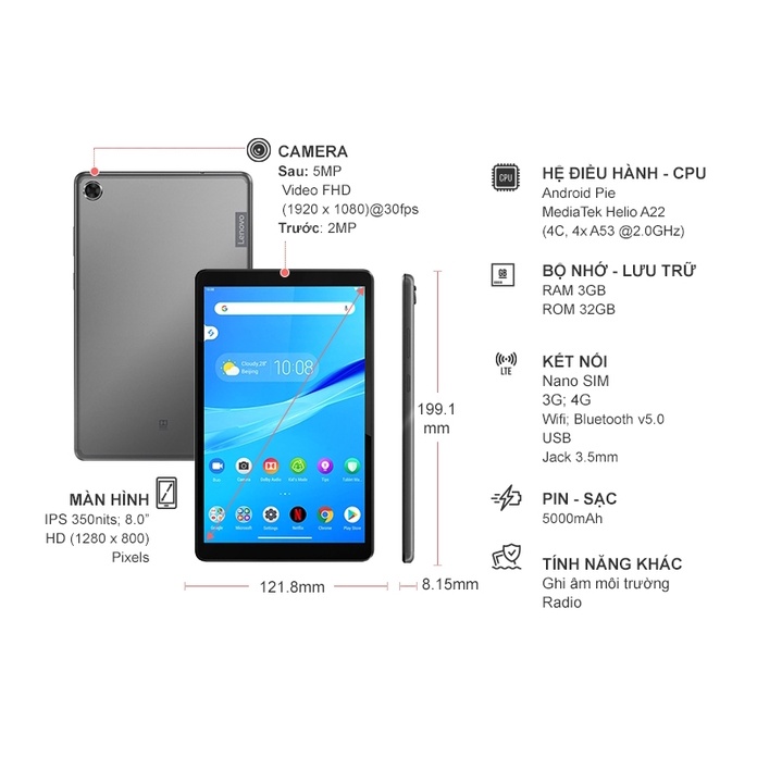 Máy tính bảng Lenovo Tab M8 TB-8505X (A22 2.0Ghz/32GB/8.0-inch/Wifi/4G)