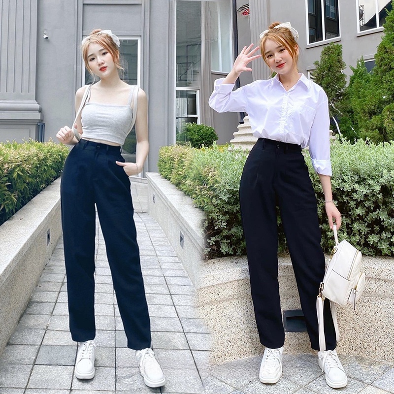 Quần tây đi học lưng cao nữ màu Xanh Đen vải dày dài co giãn nhẹ dáng quần baggy vải học sinh đi học