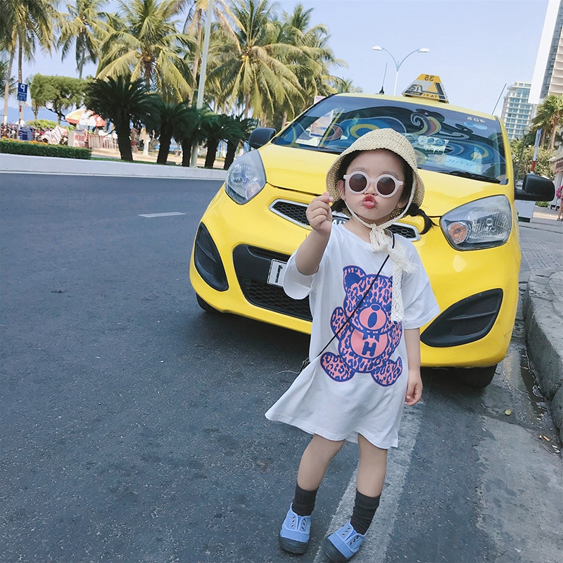 Đầm thun tay ngắn in họa tiết đáng yêu cho bé gái